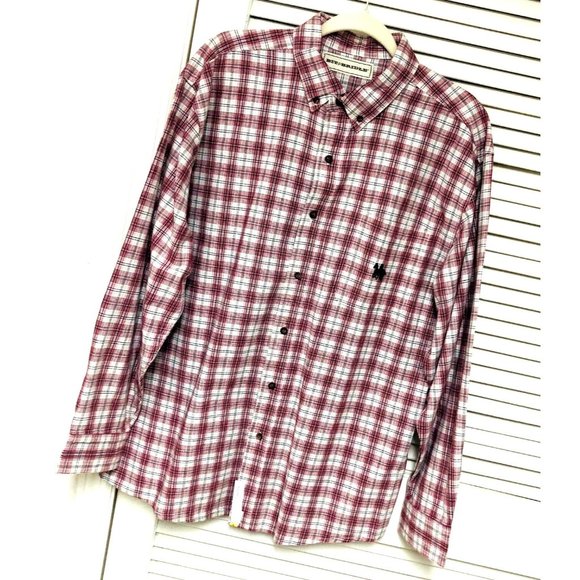Bit And Bridle Plaid Western Shirt Men's L Red White Cotton Logo Dad Grandpa - Picture 1 of 9